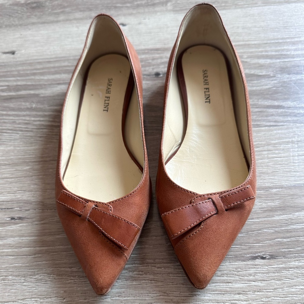 Sarah Flint Brown Pointed Toe Flats with Bow Detail
